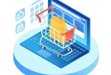 Isometric laptop with shopping cart on keypad. Open portable computer with internet browser interface on screen. Online shopping concept. Infographic vector illustration on  ultraviolet background